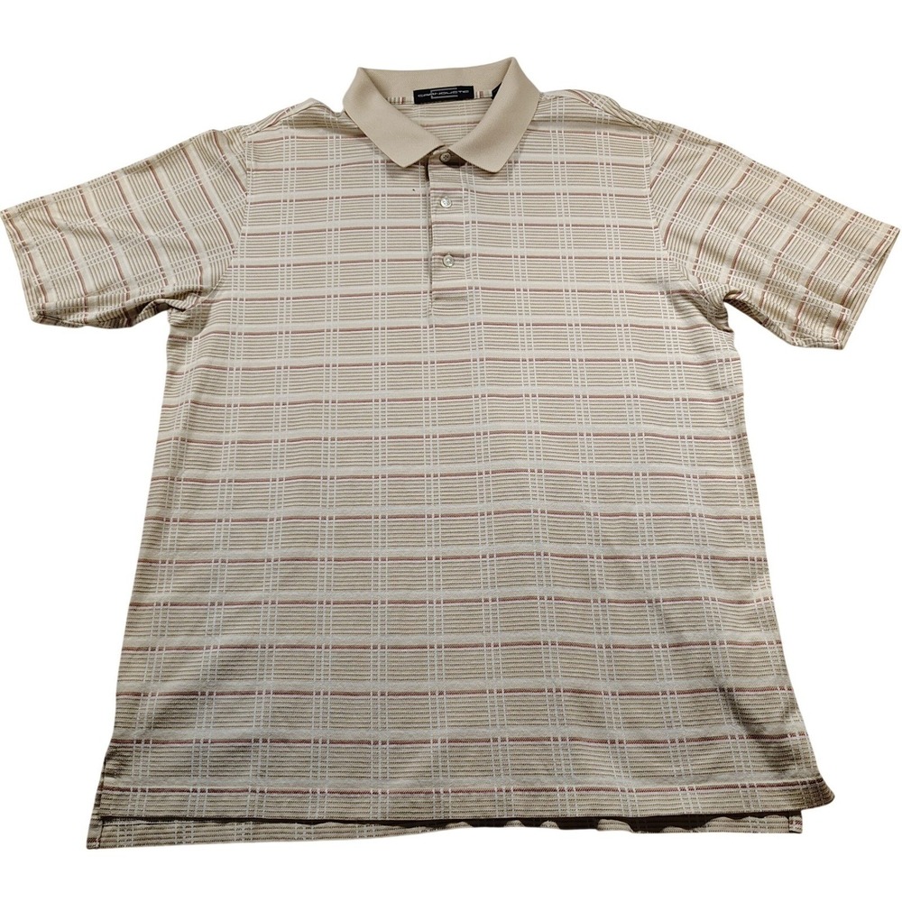 Carnoustie‎ Mens Large Polo Shirt Tan White Plaid 100% Mercerized Cotton